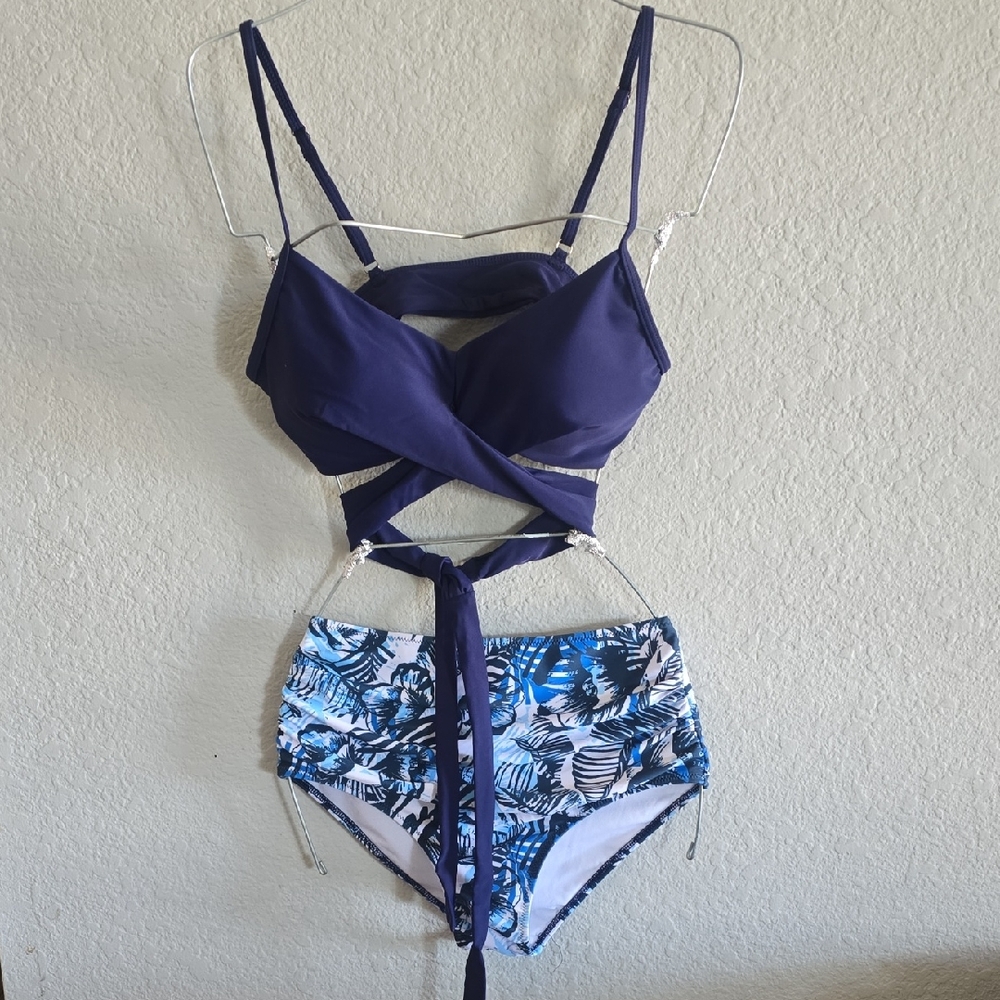 Navy Wrap Bikini Set with Blue Tropical High-Waist Bottoms